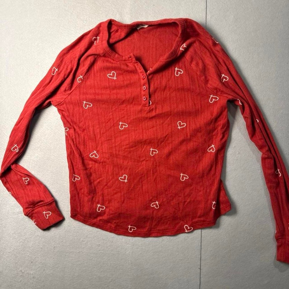 Lucky Brand Red Heart Print Pointelle Henley Long Sleeve Top Large